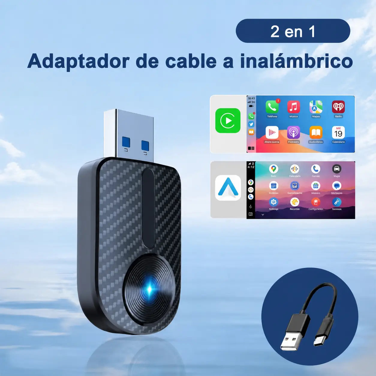 Mini dongle USB inalámbrico para convertir CarPlay y Android Auto cableado, ideal para navegación, música y llamadas manos libres en el auto