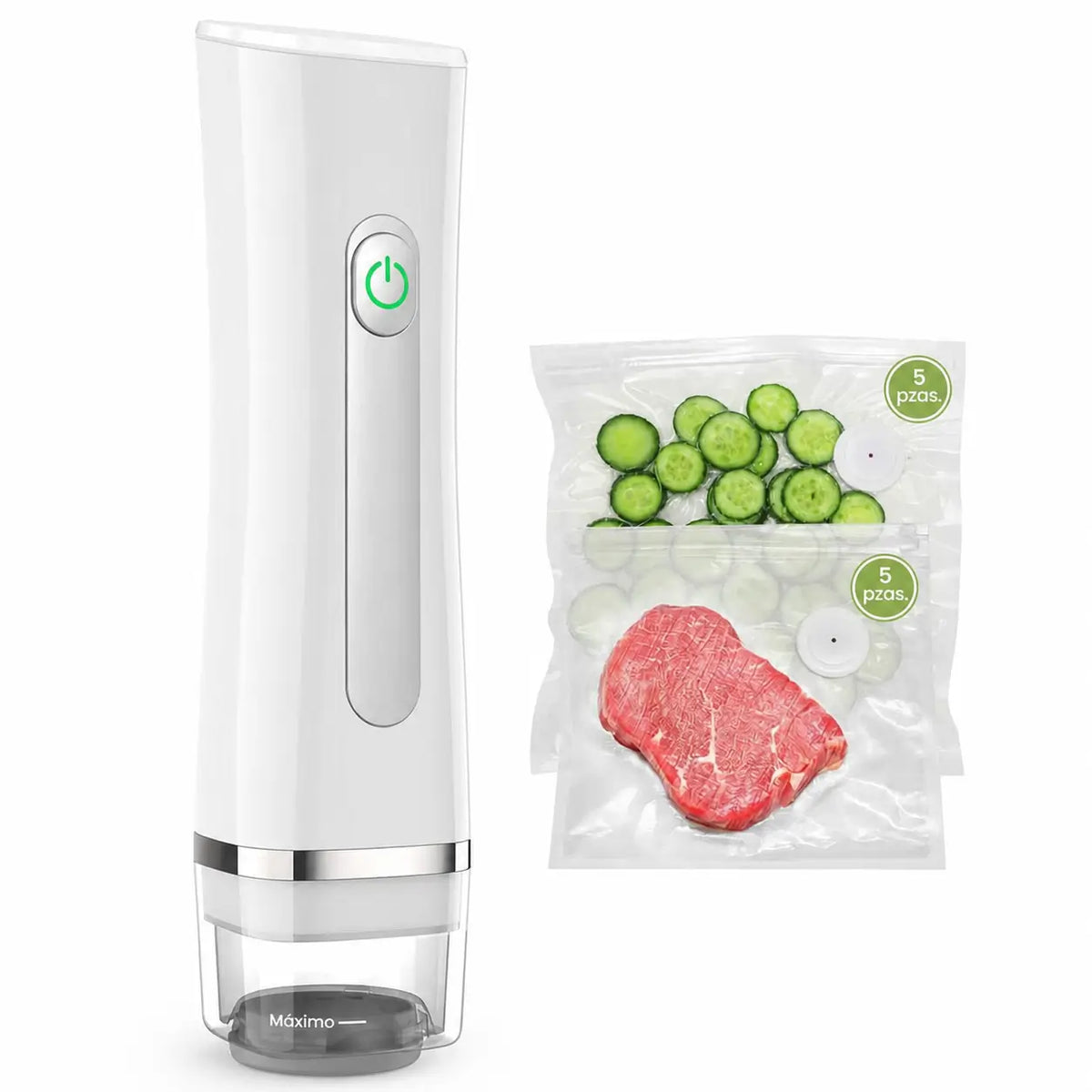 Selladora al vacío portátil USB-C con bolsas reutilizables para conservar comida y meal prep