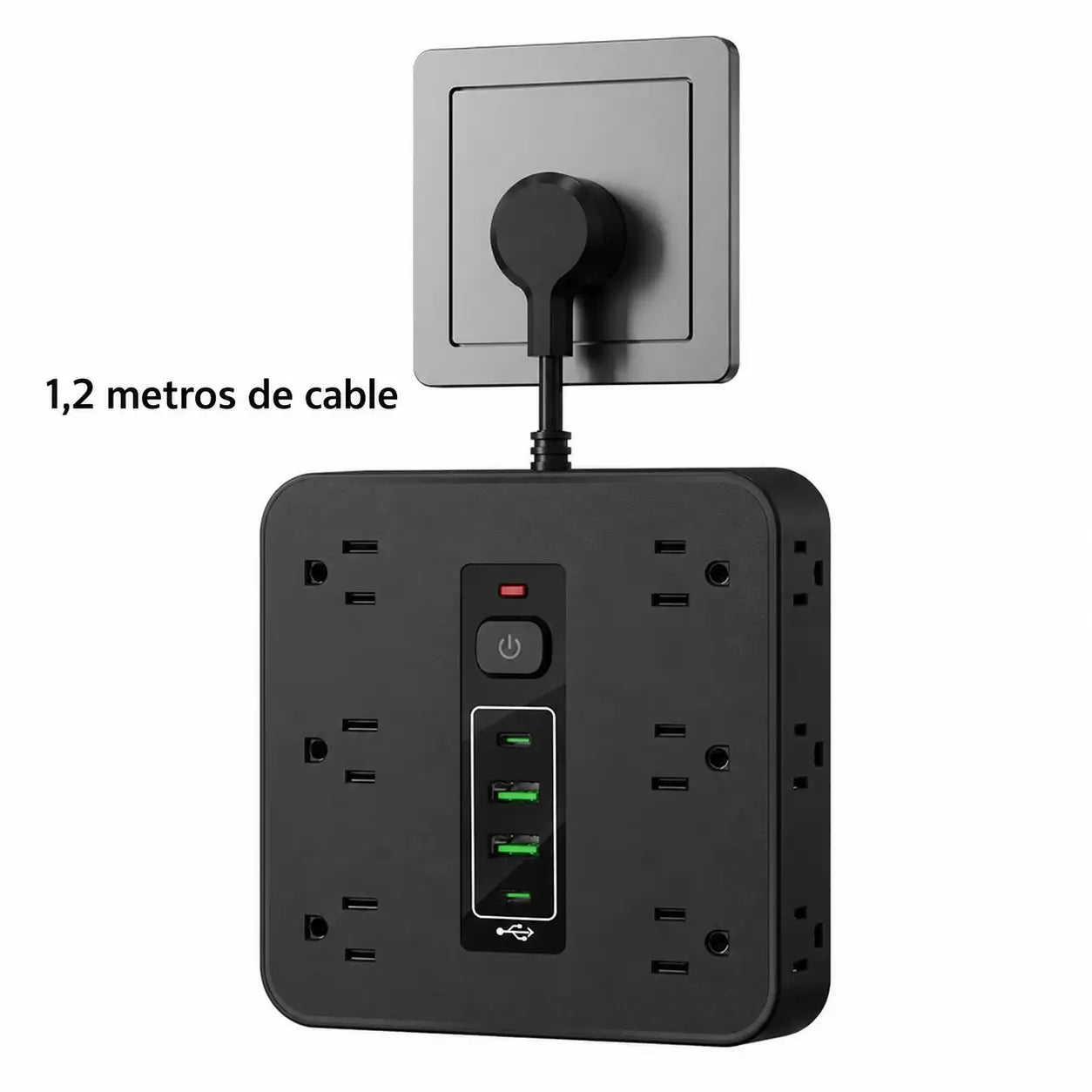 Multicontacto 16 en 1 con protección contra picos, 12 tomas AC y USB-C para carga organizada en casa, oficina o viaje diario