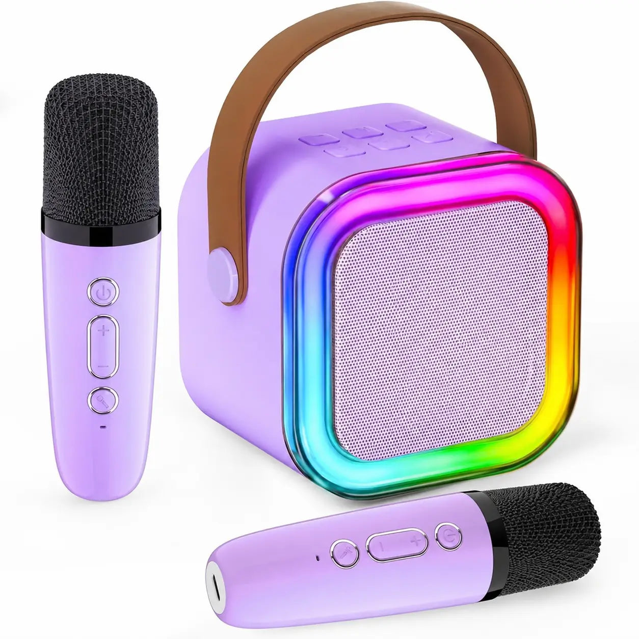 Bocina karaoke mini Bluetooth 5.3 con 2 micrófonos inalámbricos, luces RGB y sonido HiFi para fiestas en casa y reuniones al aire libre