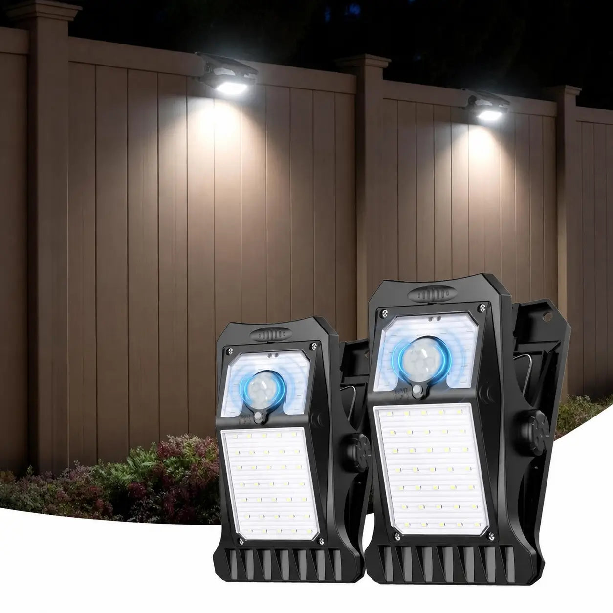 Lámpara solar exterior con sensor de movimiento, 600 lm, carga USB-C y clip ajustable para patio, jardín, reja o cochera en casa