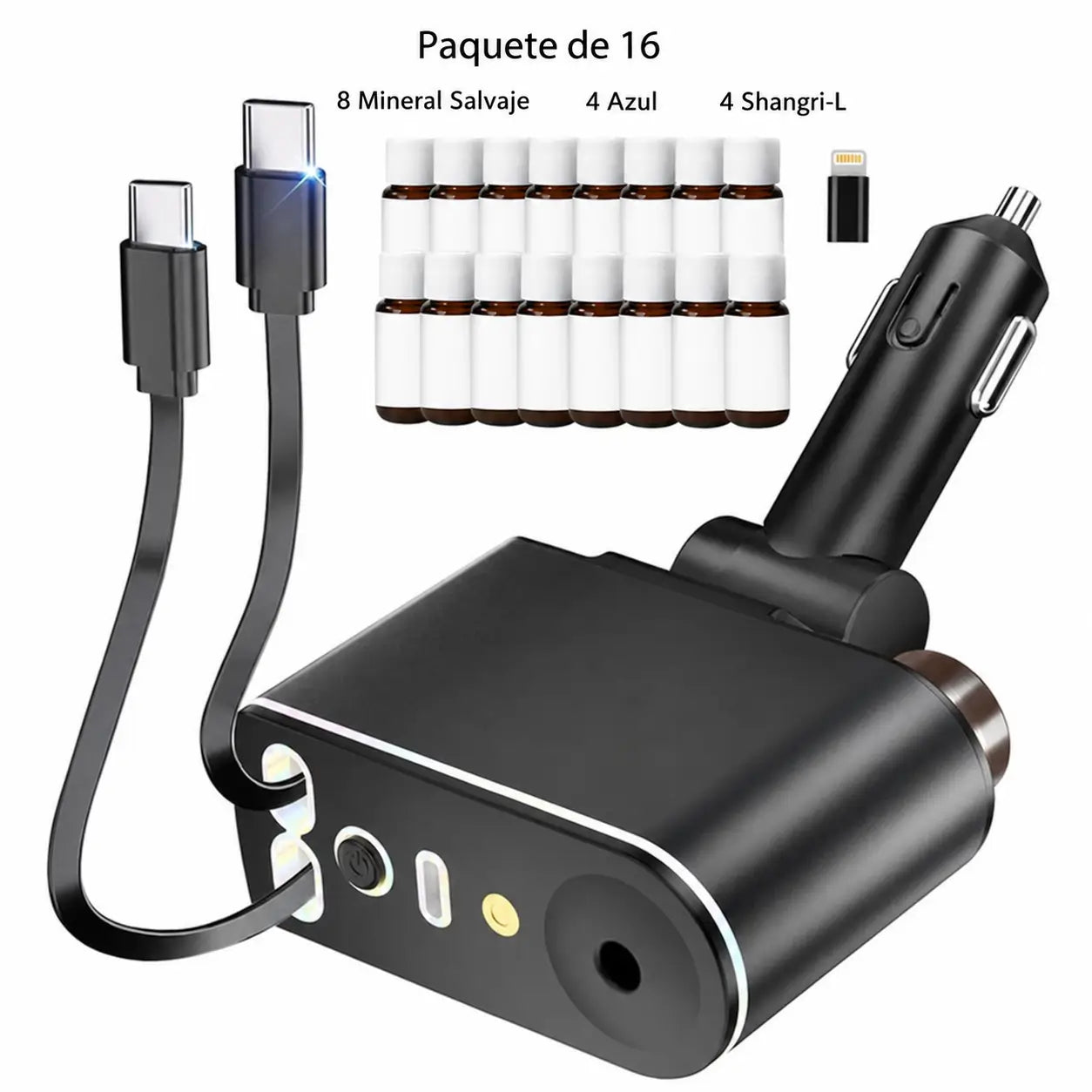 Cargador retráctil para auto 66W con USB-C y Lightning, difusor aromático y luz estrellada para cargar tu celular sin enredos diarios