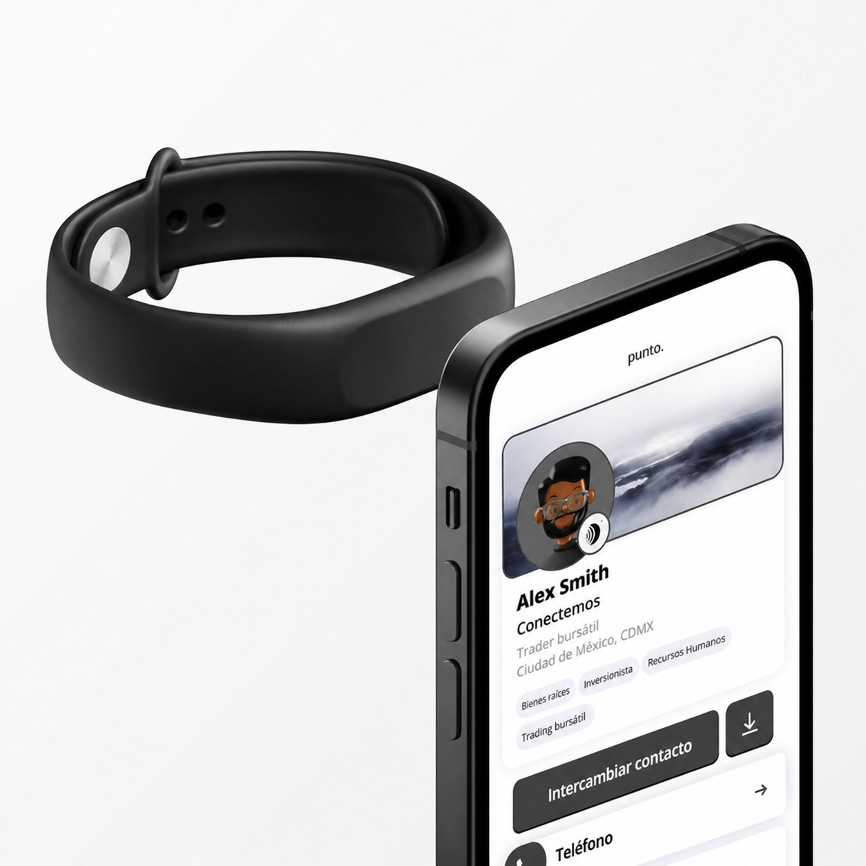 Pulsera de tarjeta digital NFC con código QR para compartir contactos en iPhone y Android sin app ni suscripción al instante