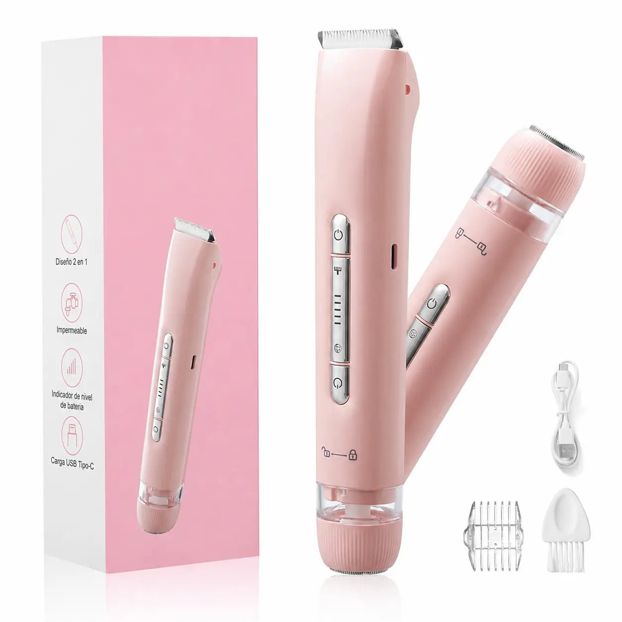 Rasuradora eléctrica 2 en 1 para bikini, rostro, axilas y piernas, recargable IPX7 para piel sensible en seco o ducha femenino