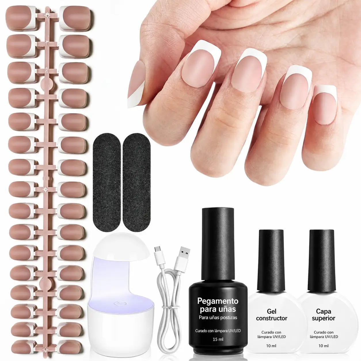 Kit de uñas press on francesas de gel suave, 154 piezas con lámpara mini para manicura francesa DIY en casa hasta 28 días