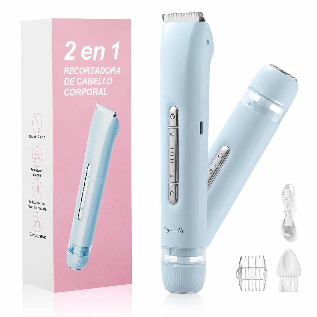 Rasuradora eléctrica 2 en 1 para bikini, rostro, axilas y piernas, recargable IPX7 para piel sensible en seco o ducha femenino