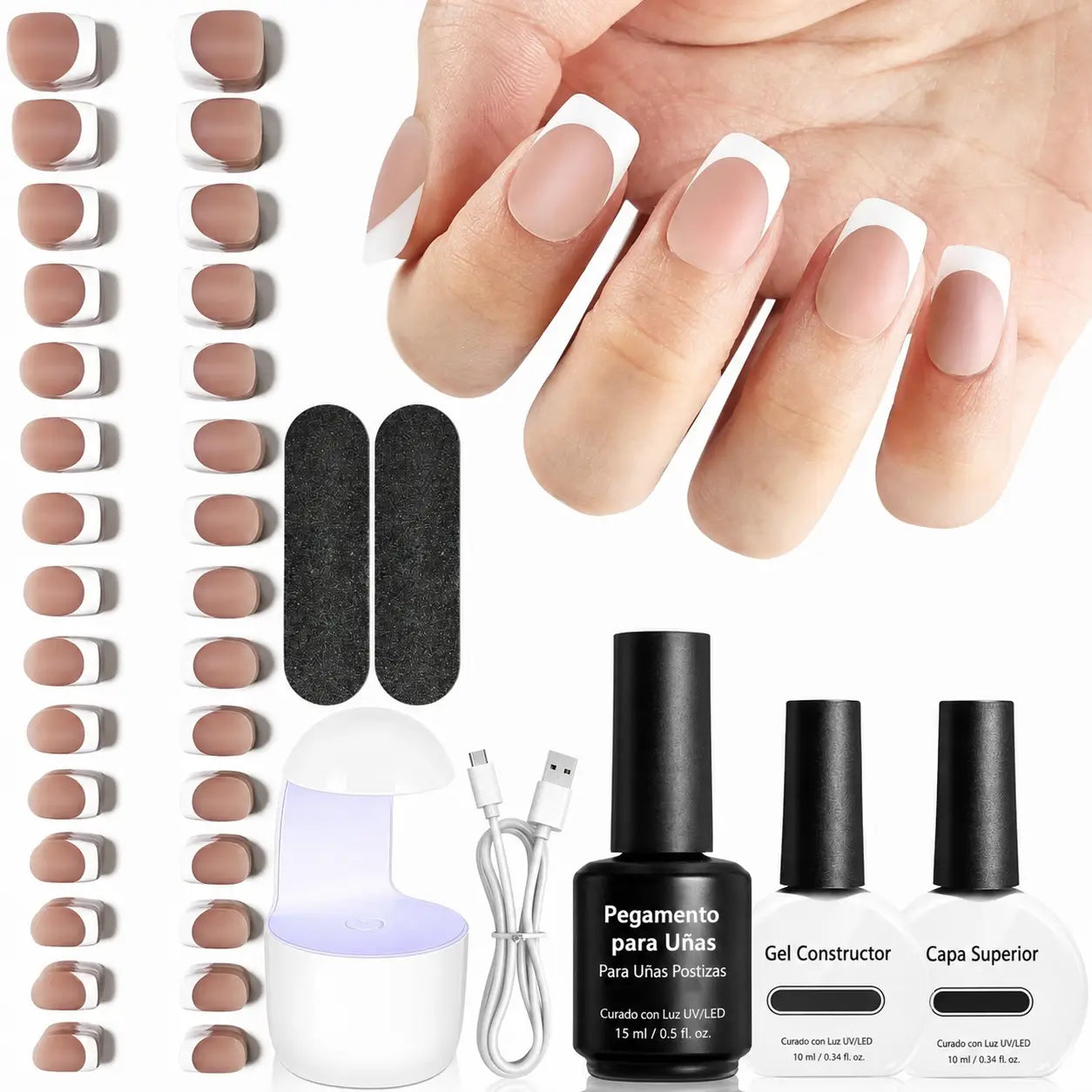 Kit de uñas press on francesas de gel suave, 154 piezas con lámpara mini para manicura francesa DIY en casa hasta 28 días