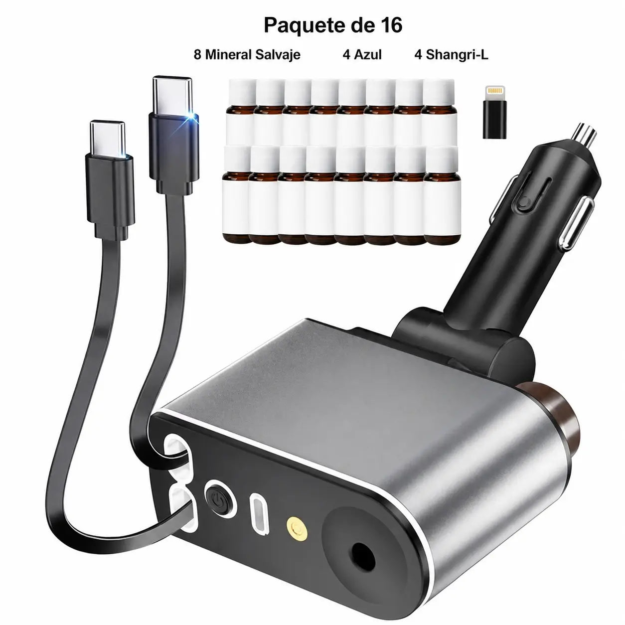 Cargador retráctil para auto 66W con USB-C y Lightning, difusor aromático y luz estrellada para cargar tu celular sin enredos diarios
