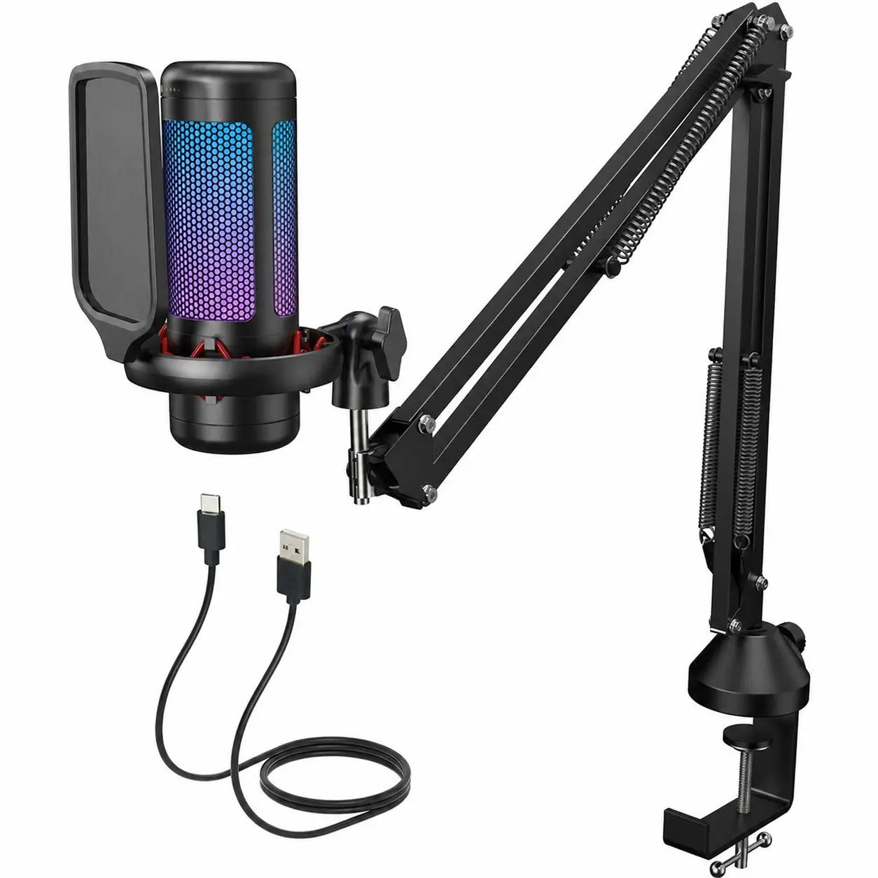 Micrófono USB de condensador TC310 con iluminación RGB ajustable, conexión USB-A y Type-C para gaming, streaming y podcast en PC Mac