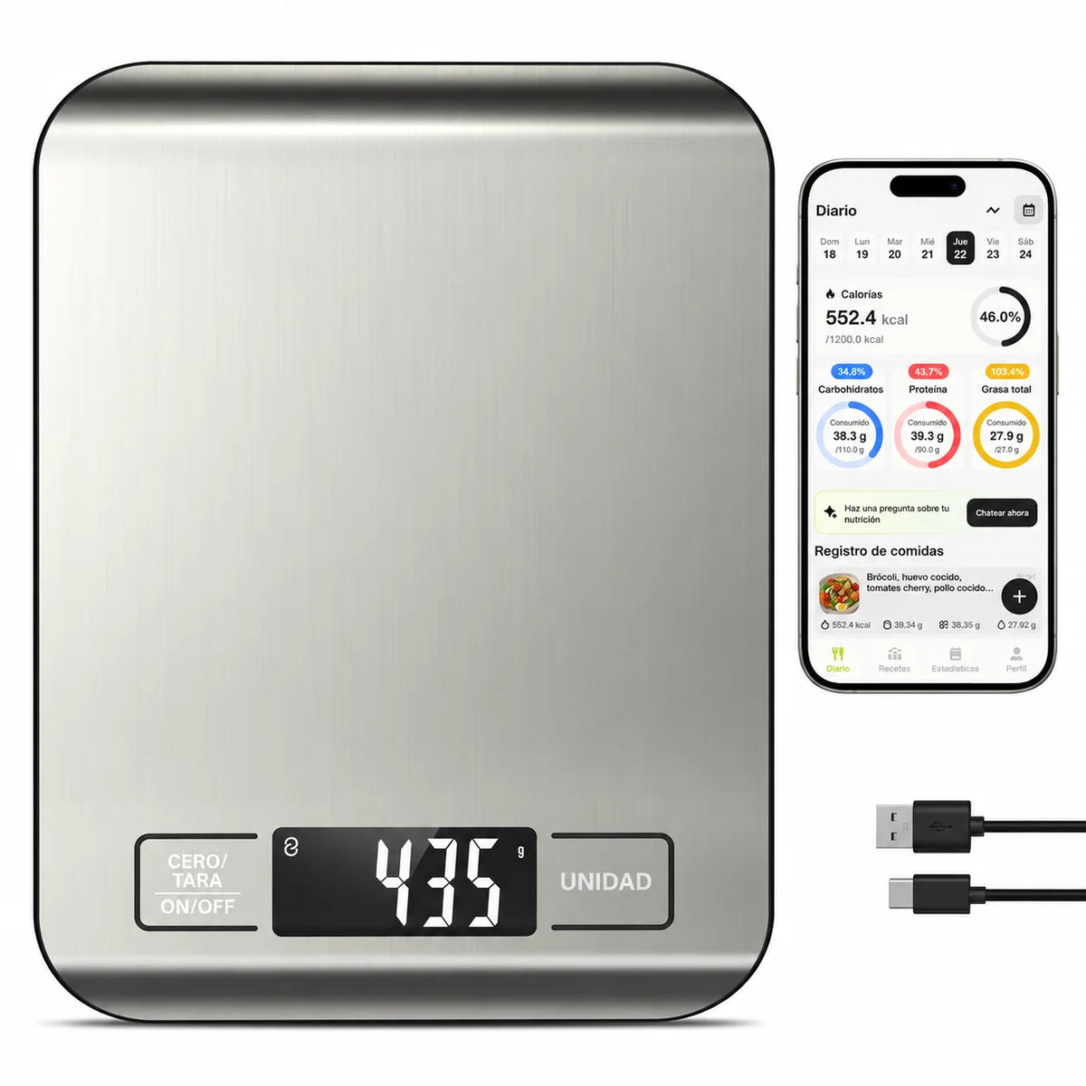 Báscula digital de cocina con tara y precisión de 1 g