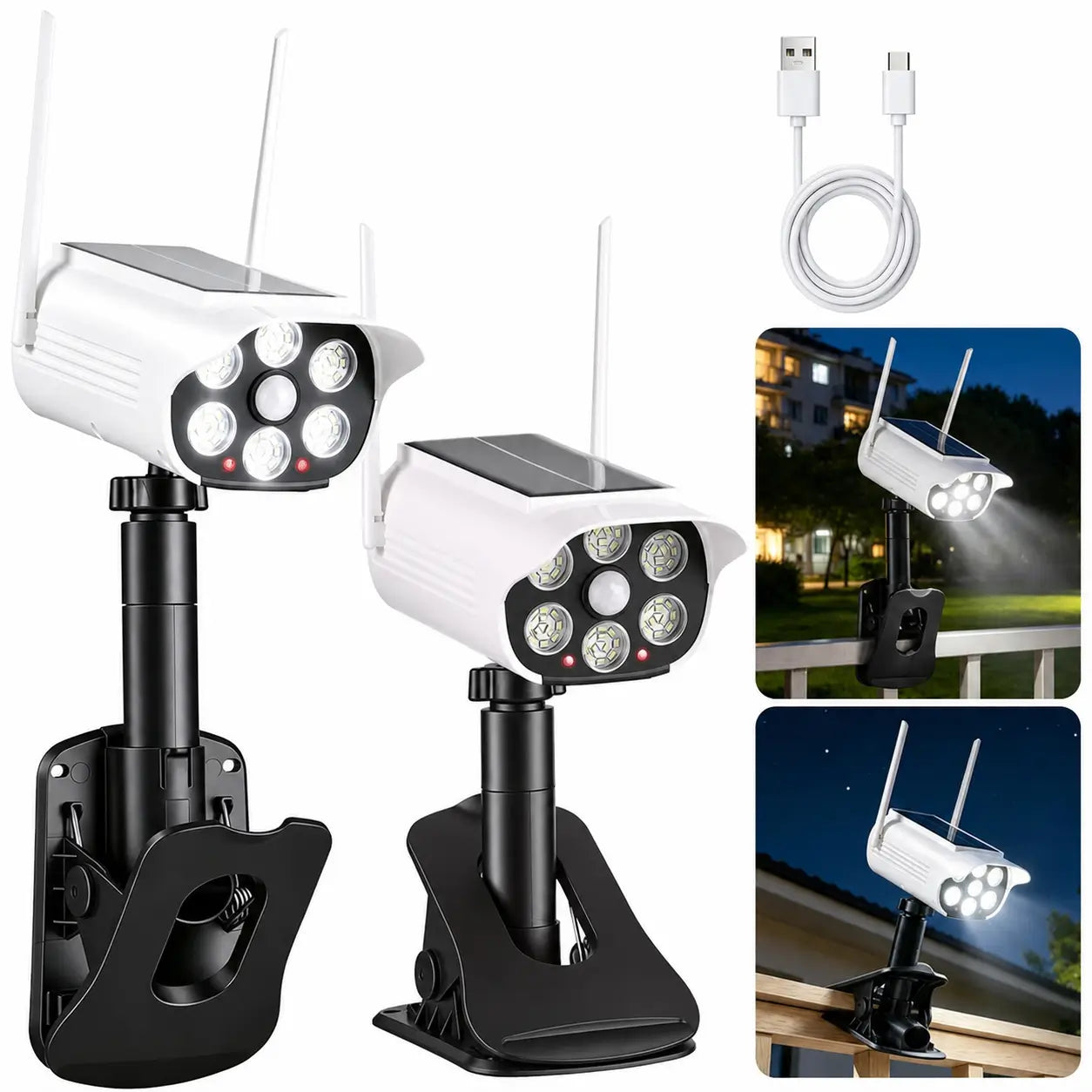 Lámpara solar exterior con sensor de movimiento, 600 lm, carga USB-C y clip ajustable para patio, jardín, reja o cochera en casa