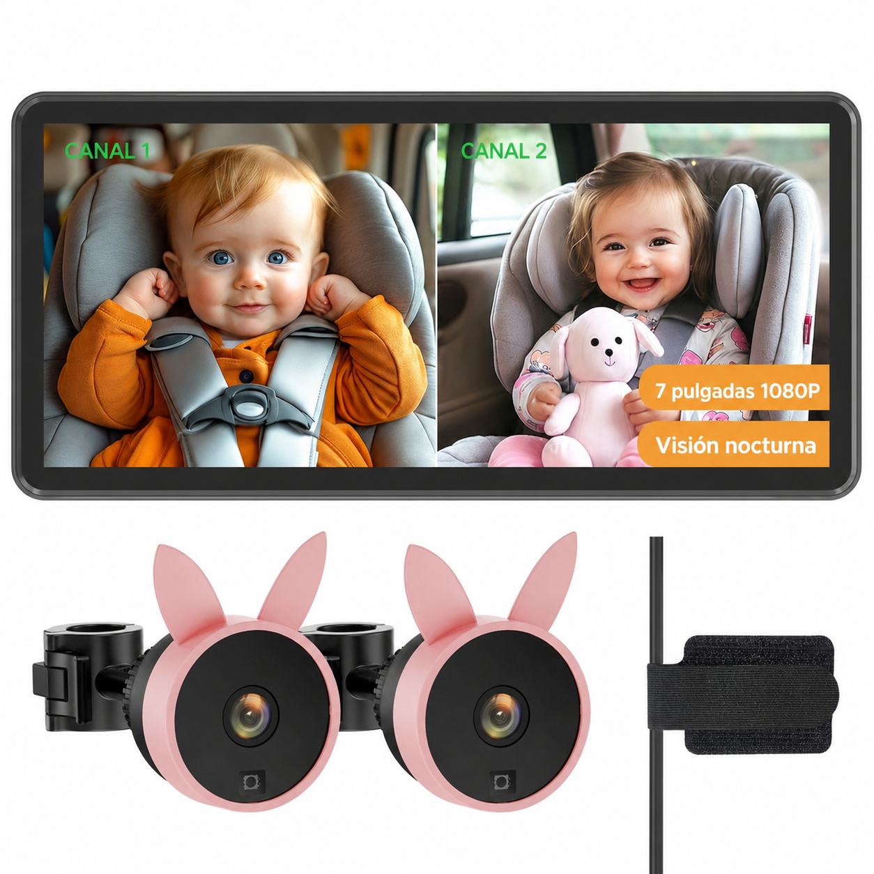 Monitor dual para bebé en auto con pantalla 7.2” 1080P, visión nocturna y vista dividida para dos niños en viajes familiares