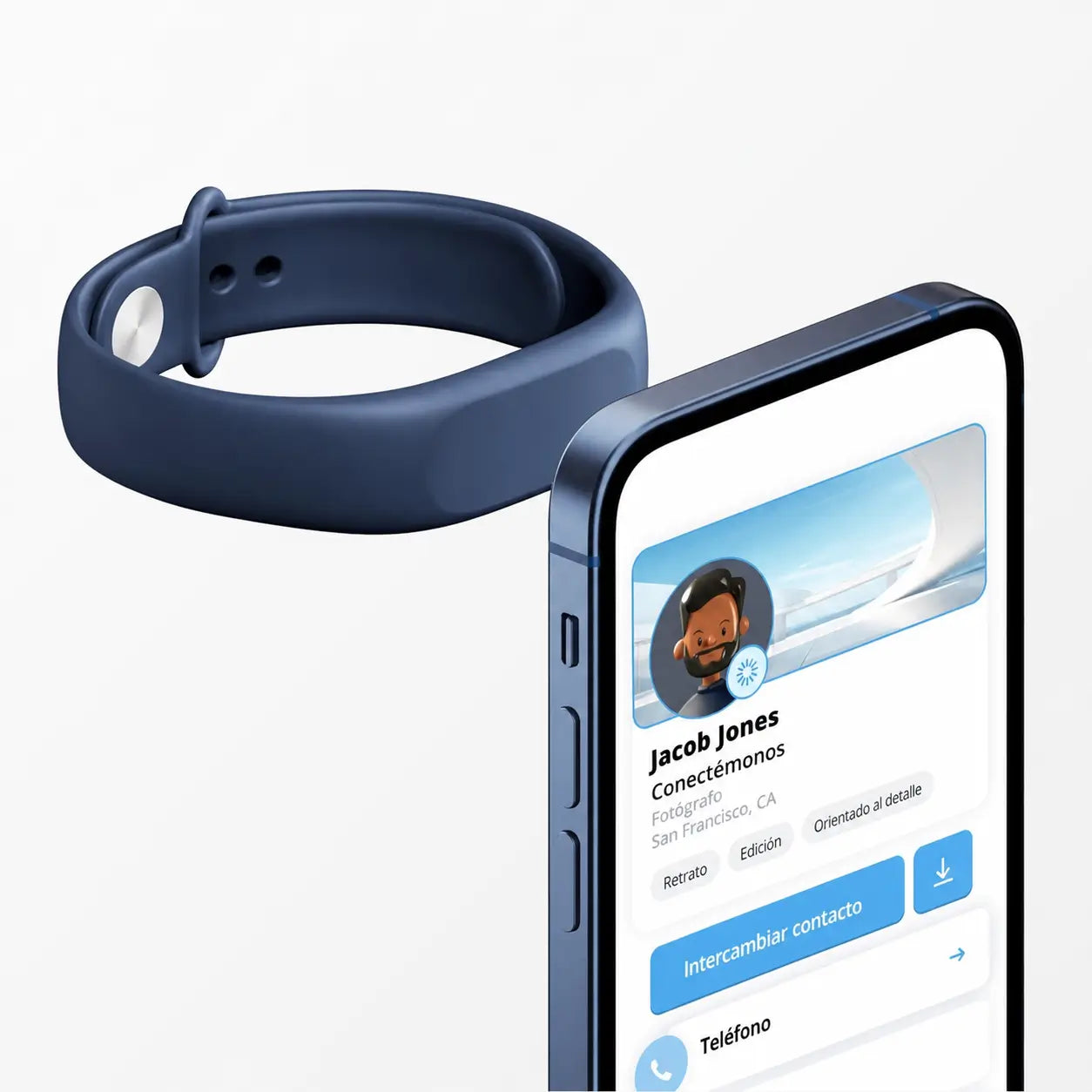 Pulsera de tarjeta digital NFC con código QR para compartir contactos en iPhone y Android sin app ni suscripción al instante