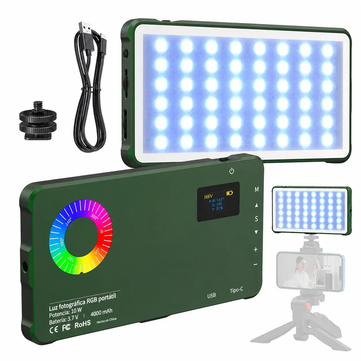 Luz fotográfica RGB recargable por USB 4000mAh compacta para cámara de celular, streaming en vivo y vlogs de viaje creativos diarios