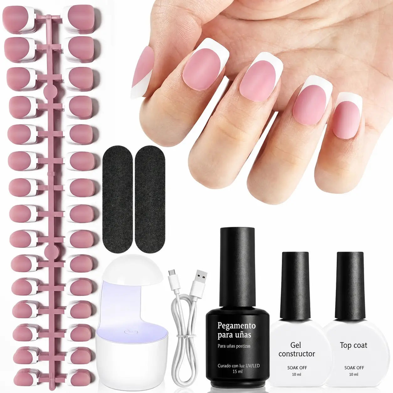 Kit de uñas press on francesas de gel suave, 154 piezas con lámpara mini para manicura francesa DIY en casa hasta 28 días