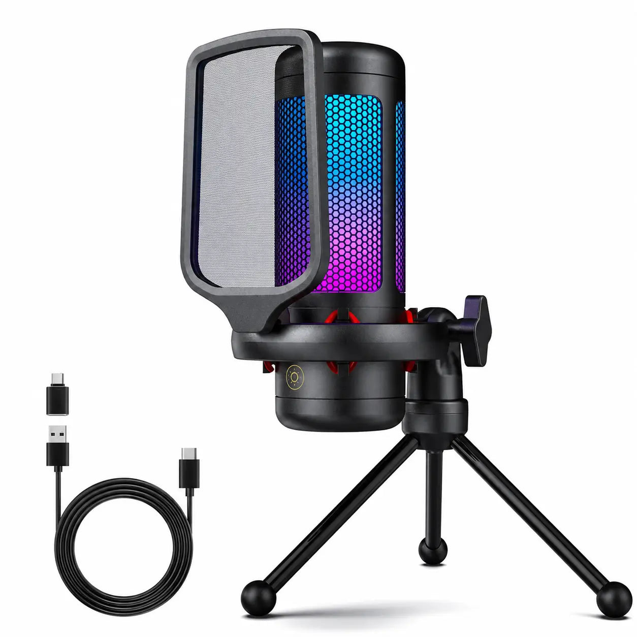 Micrófono USB de condensador TC310 con iluminación RGB ajustable, conexión USB-A y Type-C para gaming, streaming y podcast en PC Mac