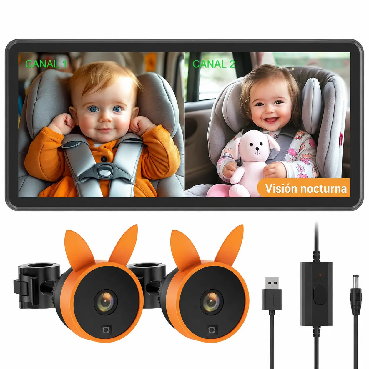 Monitor dual para bebé en auto con pantalla 7.2” 1080P, visión nocturna y vista dividida para dos niños en viajes familiares