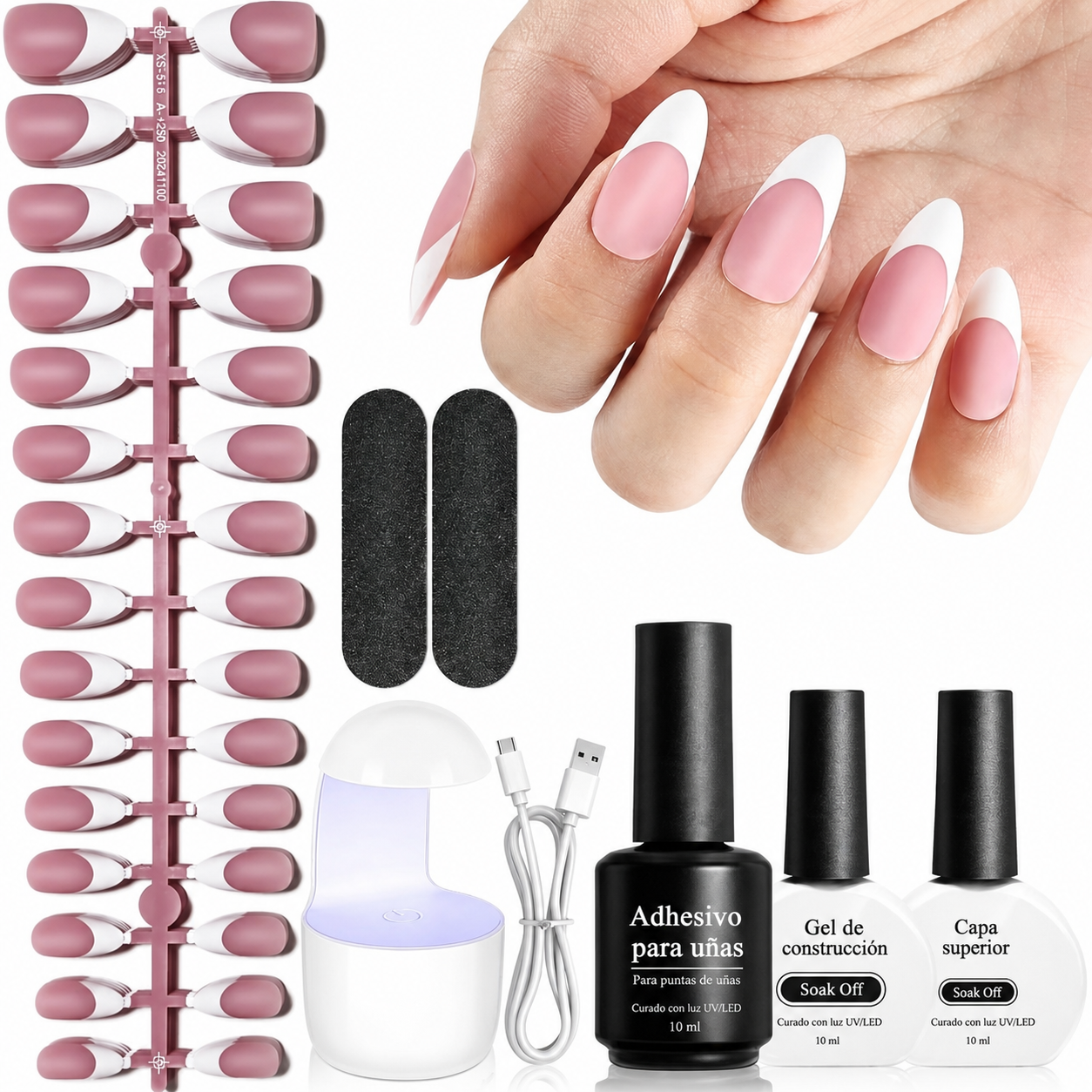 Kit de uñas press on francesas de gel suave, 154 piezas con lámpara mini para manicura francesa DIY en casa hasta 28 días