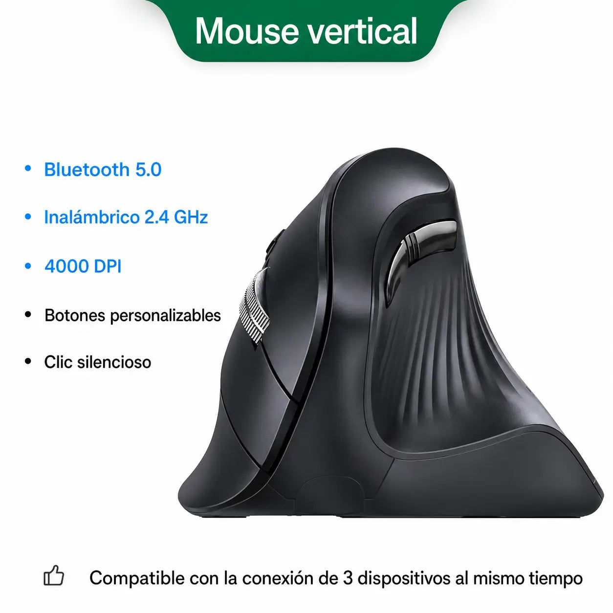 Mouse vertical ergonómico inalámbrico 2.4G con 5 botones, 4000 DPI ajustable y clic silencioso para oficina, laptop y computadora diaria