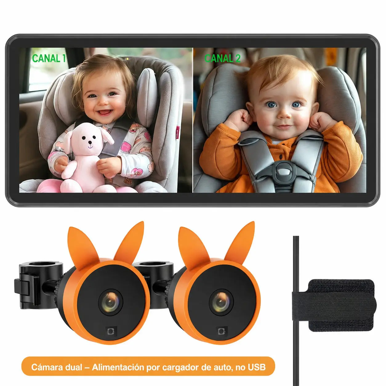 Monitor dual para bebé en auto con pantalla 7.2” 1080P, visión nocturna y vista dividida para dos niños en viajes familiares