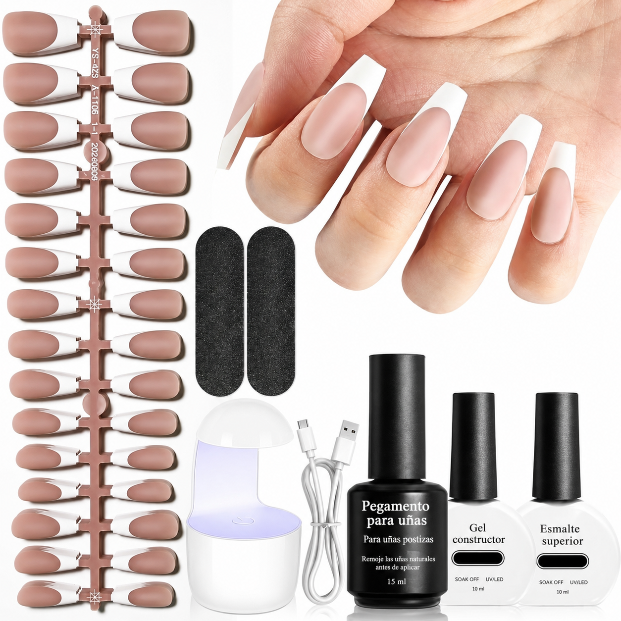 Kit de uñas press on francesas de gel suave, 154 piezas con lámpara mini para manicura francesa DIY en casa hasta 28 días