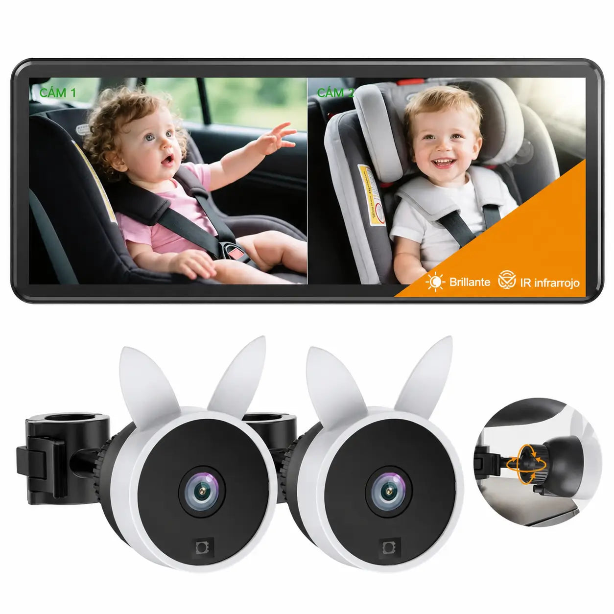 Monitor dual para bebé en auto con pantalla 7.2” 1080P, visión nocturna y vista dividida para dos niños en viajes familiares