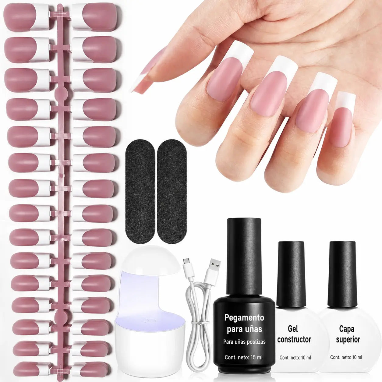 Kit de uñas press on francesas de gel suave, 154 piezas con lámpara mini para manicura francesa DIY en casa hasta 28 días