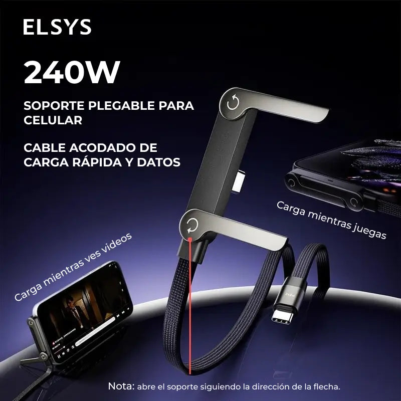 Cable cargador USB-C 2 en 1 de 240W con soporte plegable invisible para celular, ideal para juegos, oficina, auto y viajes diarios