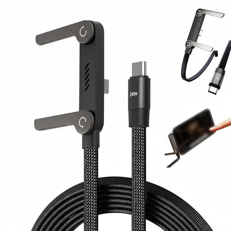 Cable cargador USB-C 2 en 1 de 240W con soporte plegable invisible para celular, ideal para juegos, oficina, auto y viajes diarios