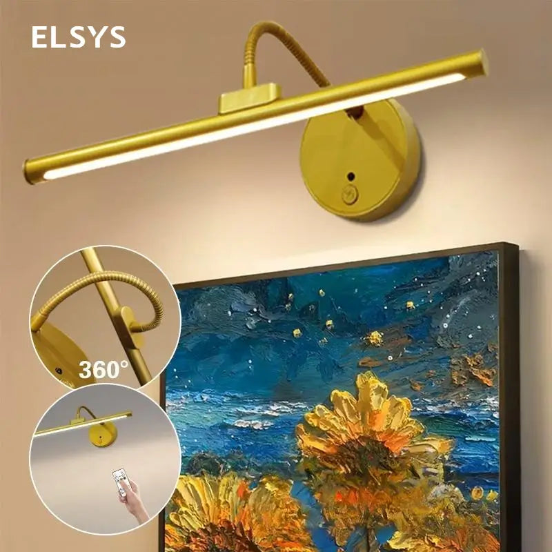 Lámpara LED recargable para cuadros con control remoto, brillo ajustable y luz giratoria para pinturas, retratos, galería y decoración del hogar
