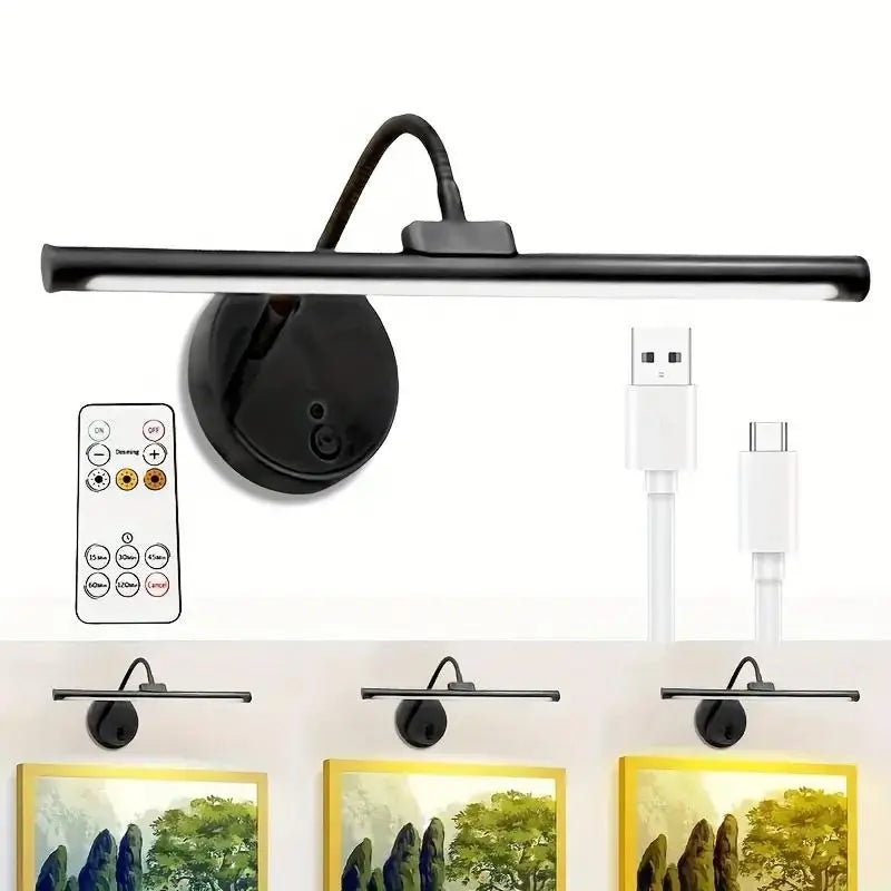 Lámpara LED recargable para cuadros con control remoto, brillo ajustable y luz giratoria para pinturas, retratos, galería y decoración del hogar