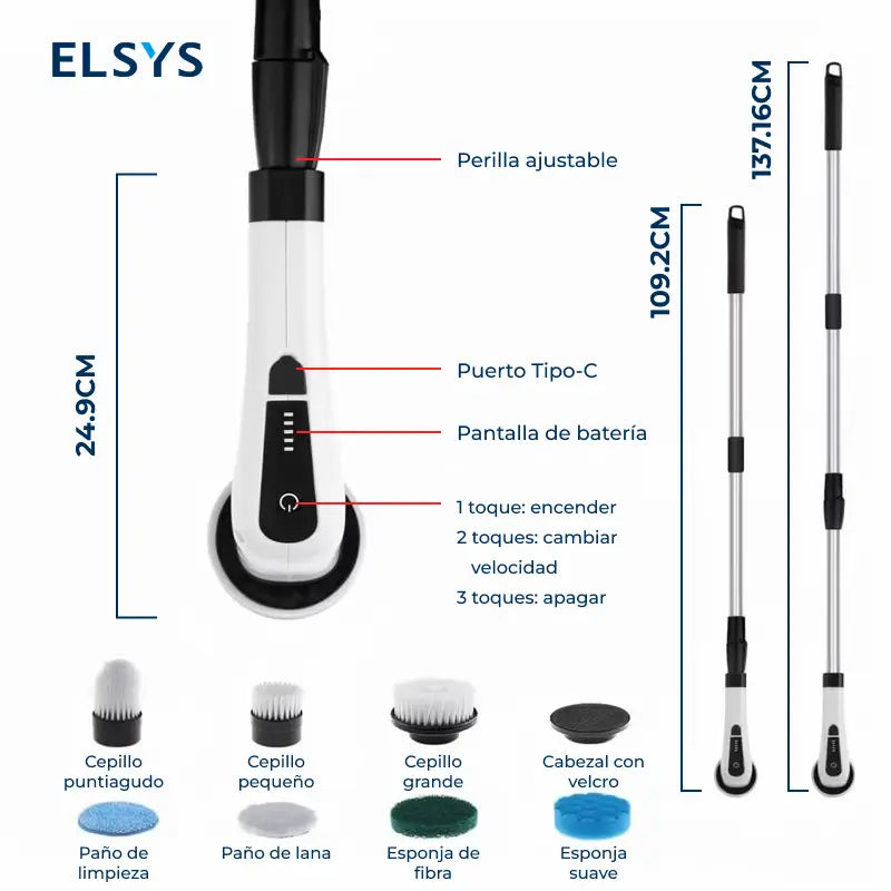 Cepillo eléctrico giratorio 7 en 1 inalámbrico con doble velocidad y mango ajustable para limpiar baños, pisos, tinas, azulejos y techos