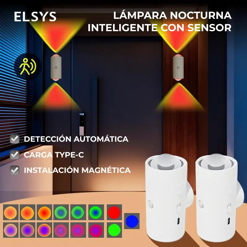 Lámpara de noche LED inteligente recargable con sensor de movimiento, luz RGB atenuable y montaje magnético para recámara, pasillo y escaleras