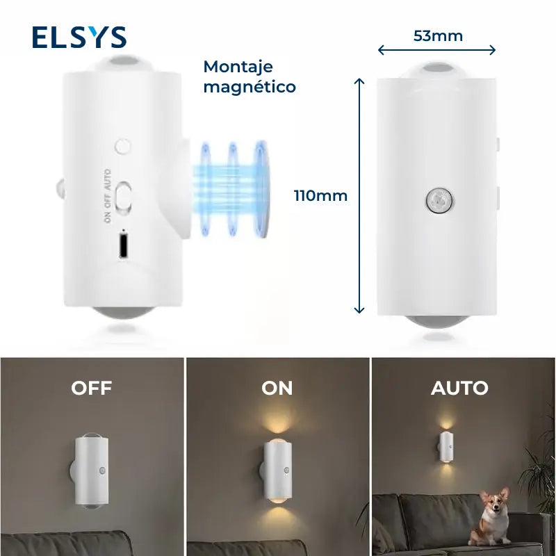 Lámpara de noche LED inteligente recargable con sensor de movimiento, luz RGB atenuable y montaje magnético para recámara, pasillo y escaleras