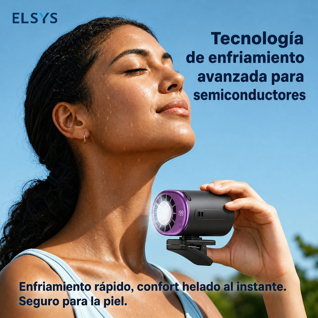 Ventilador portátil con clip, enfriamiento por semiconductor y pantalla LED — para auto, escritorio y viajes.