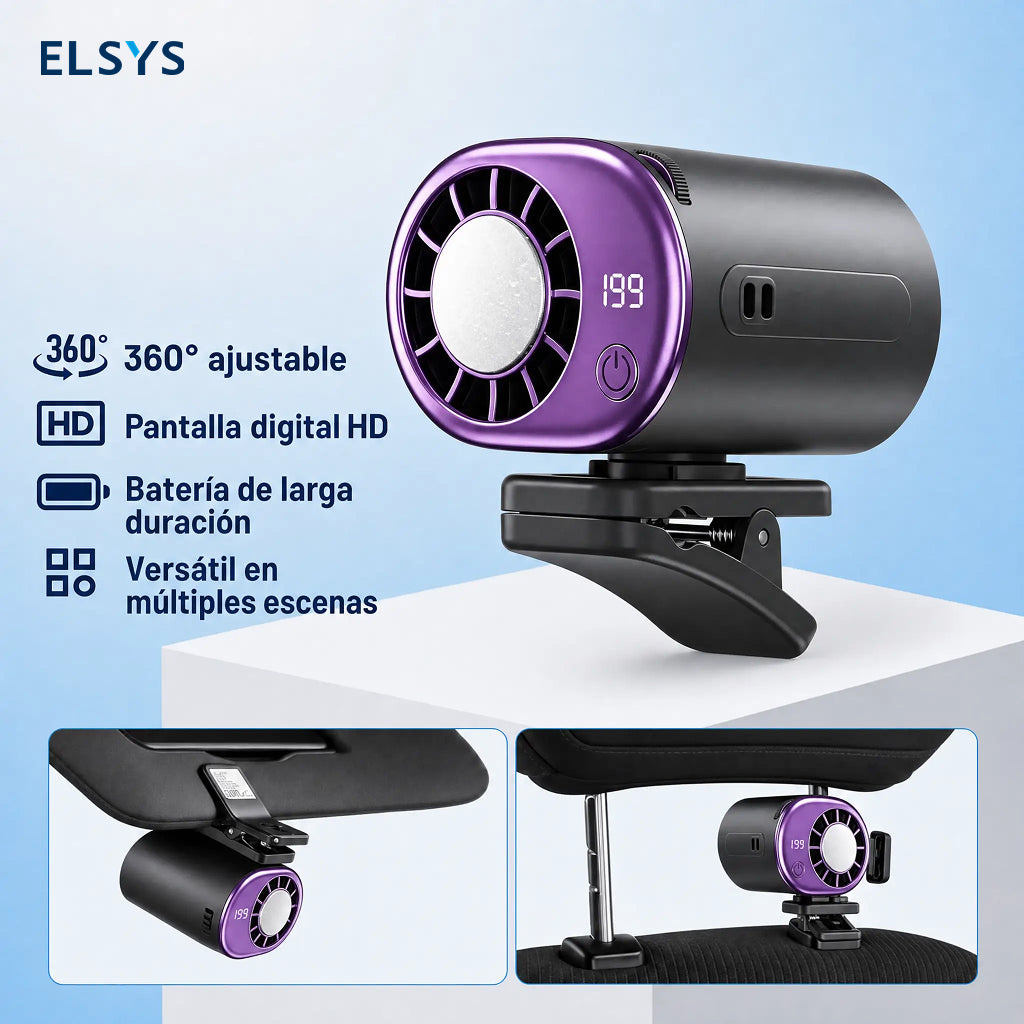 Ventilador portátil con clip, enfriamiento por semiconductor y pantalla LED — para auto, escritorio y viajes.