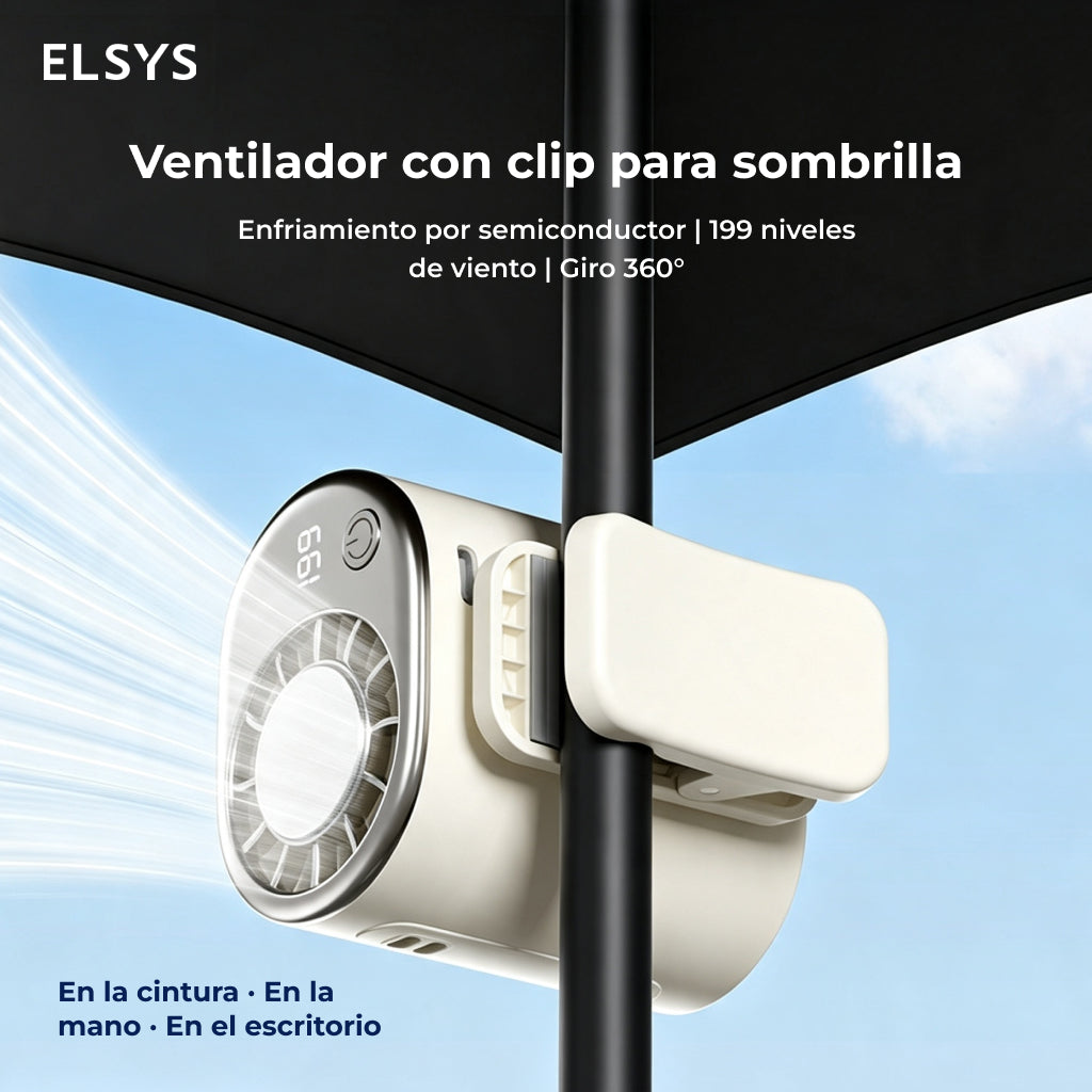 Ventilador portátil con clip, enfriamiento por semiconductor y pantalla LED — para auto, escritorio y viajes.