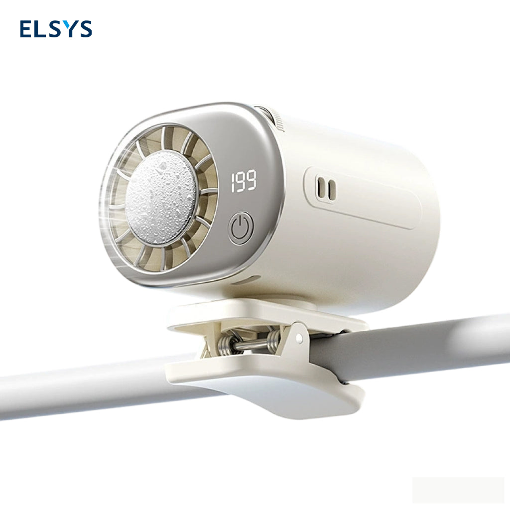 Ventilador portátil con clip, enfriamiento por semiconductor y pantalla LED — para auto, escritorio y viajes.