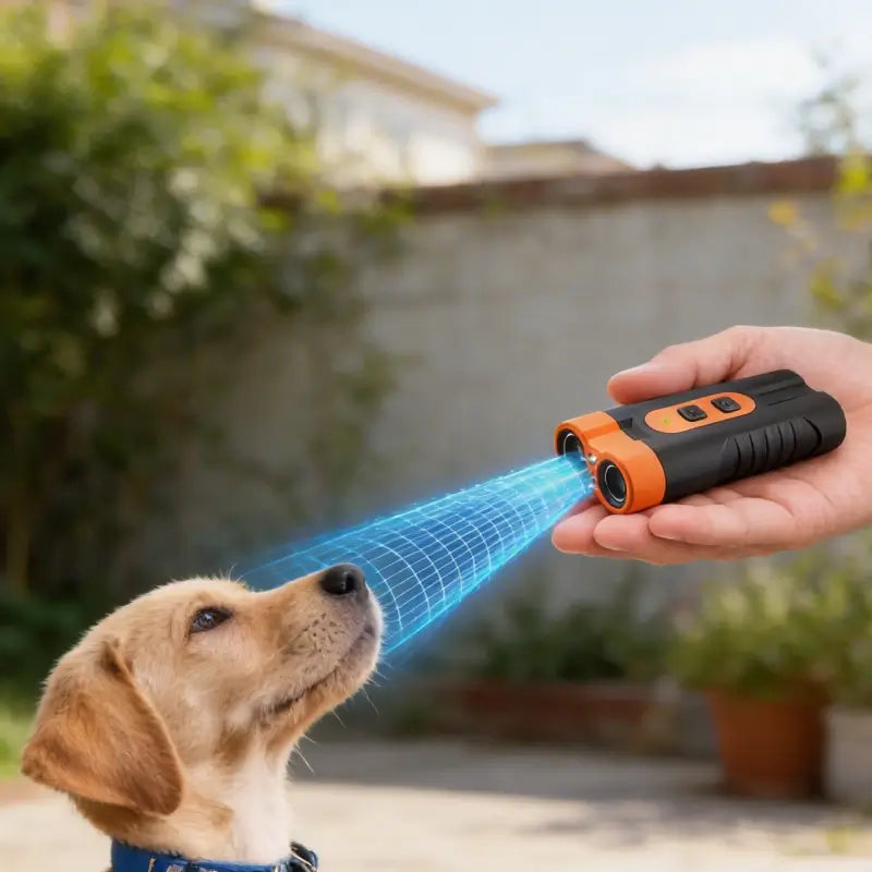 Dispositivo Antiladridos Recargable para Perros, Control Ultrasónico con Doble Emisor de 15m, Silenciador de Ladridos 25KHz para Interiores y Exteriores con Linterna