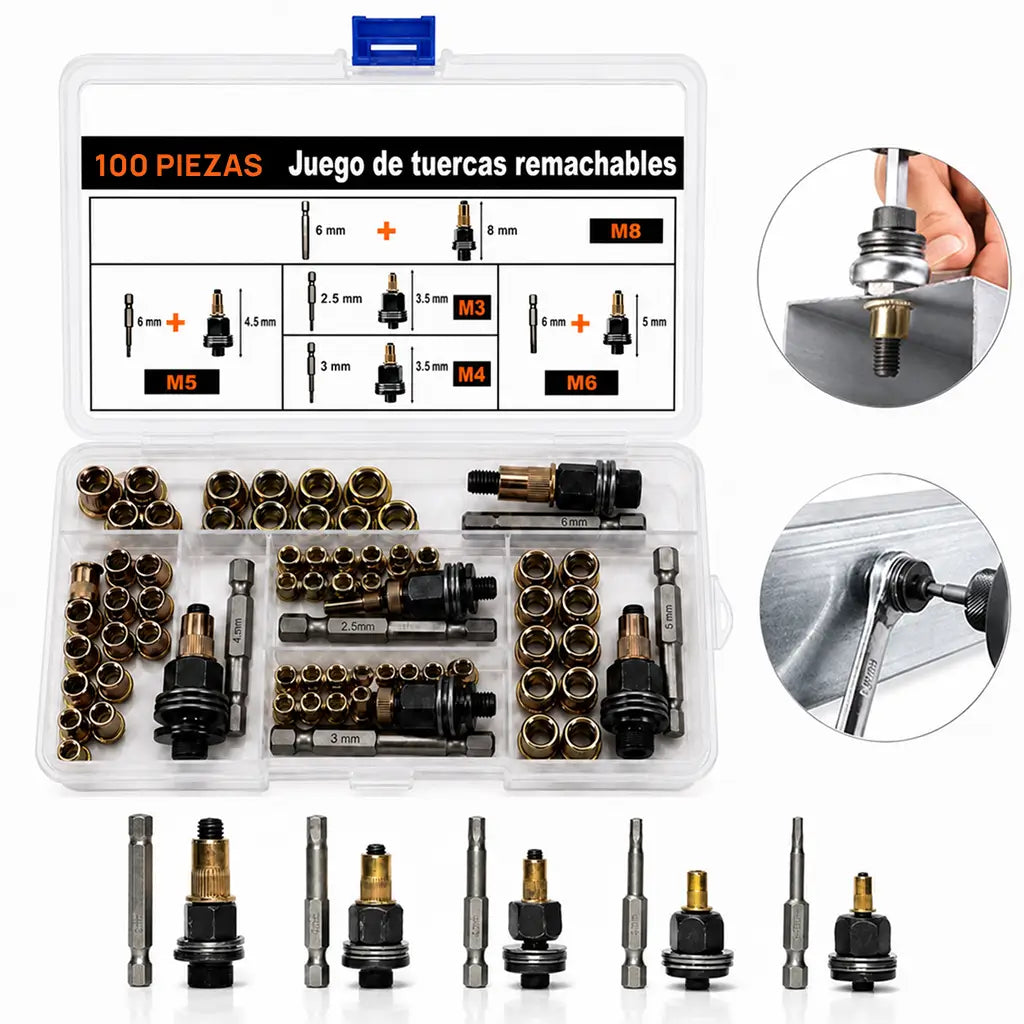 Kit surtido de tuercas remachables M3-M8 de acero al carbono para reparación automotriz y estanterías