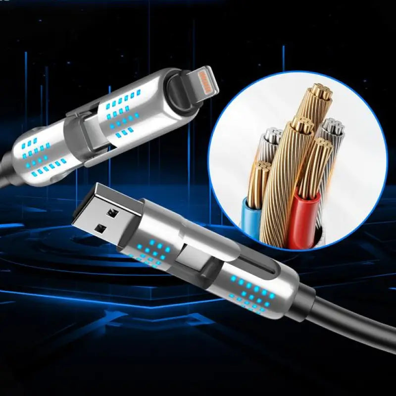 Cable USB-C 4 en 1 de 240W, Carga Rápida PD 5A, Sincronización de Datos, USB-A, Tipo-C y Lightning, de Aluminio, Universal para Celulares, Tabletas y Laptops