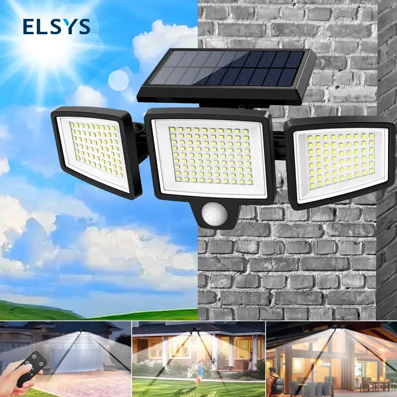 Lámpara solar exterior 2500LM con 210 LED y 3 cabezales ajustables, luz de seguridad impermeable IP65 para jardín, cochera, patio y alberca