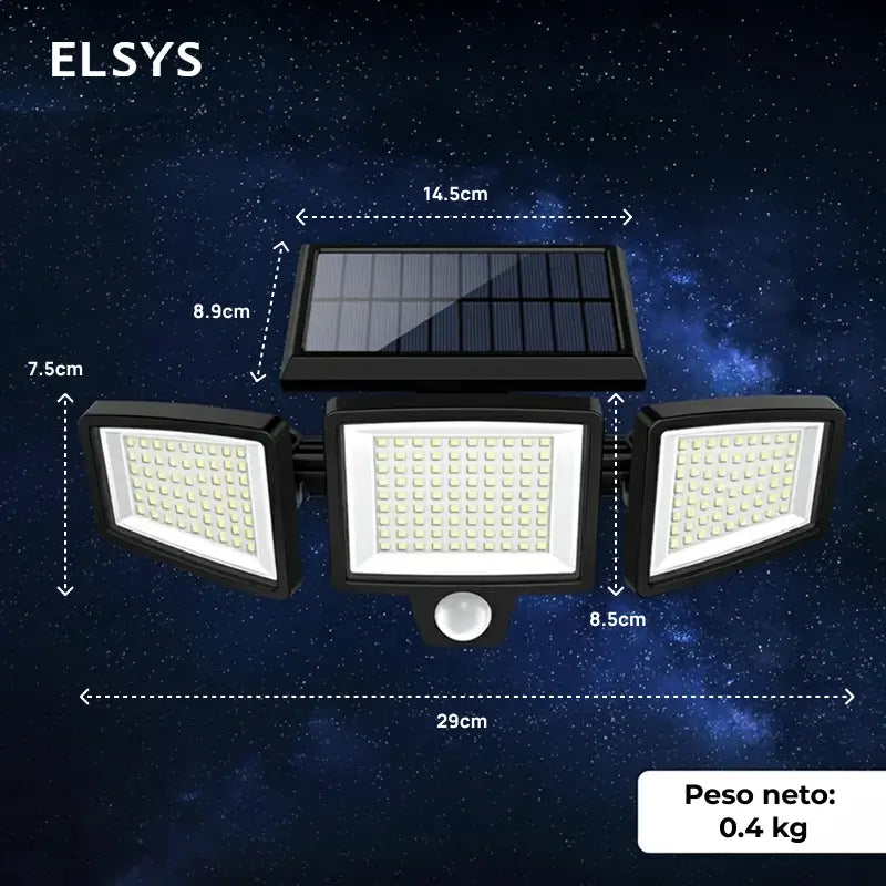 Lámpara solar exterior 2500LM con 210 LED y 3 cabezales ajustables, luz de seguridad impermeable IP65 para jardín, cochera, patio y alberca