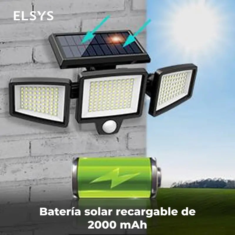 Lámpara solar exterior 2500LM con 210 LED y 3 cabezales ajustables, luz de seguridad impermeable IP65 para jardín, cochera, patio y alberca