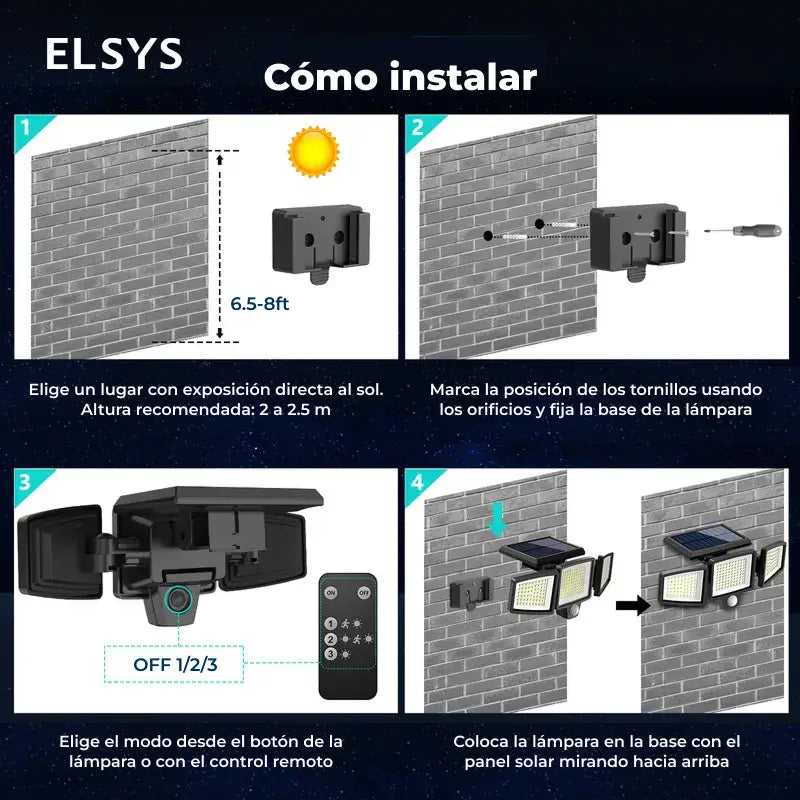 Lámpara solar exterior 2500LM con 210 LED y 3 cabezales ajustables, luz de seguridad impermeable IP65 para jardín, cochera, patio y alberca
