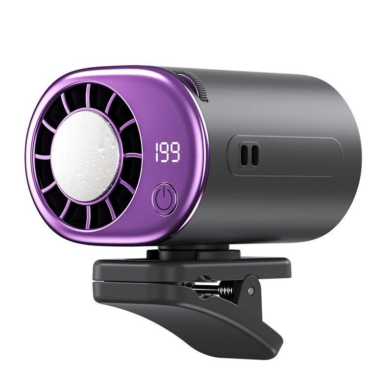 Ventilador portátil con clip, enfriamiento por semiconductor y pantalla LED — para auto, escritorio y viajes.