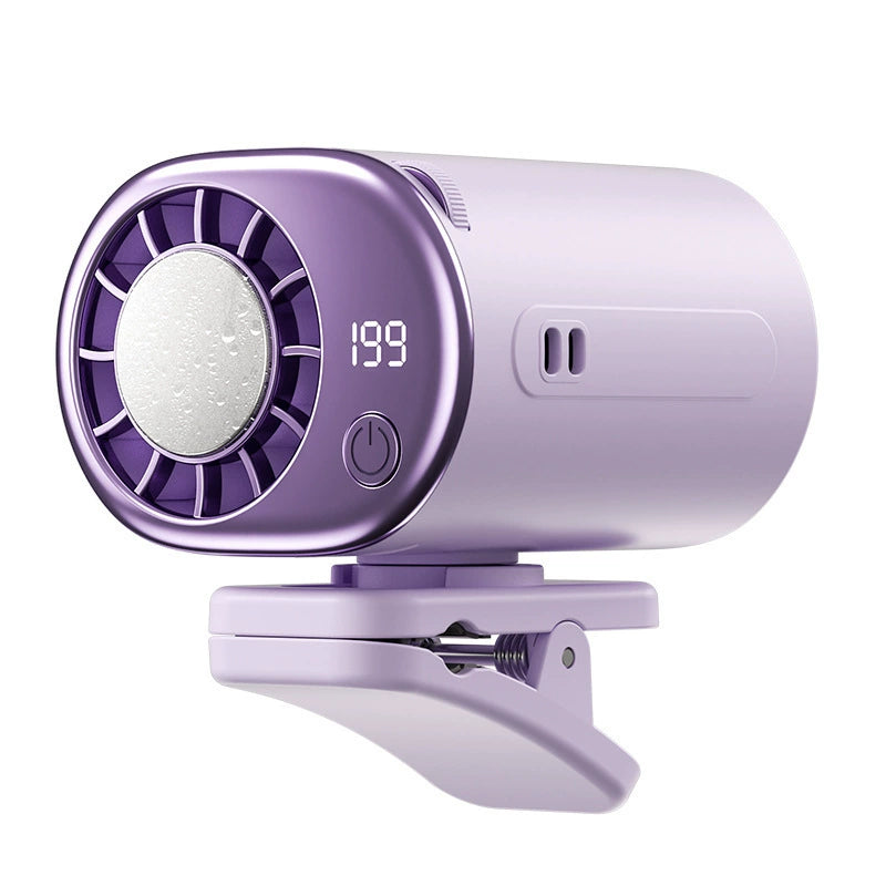 Ventilador portátil con clip, enfriamiento por semiconductor y pantalla LED — para auto, escritorio y viajes.