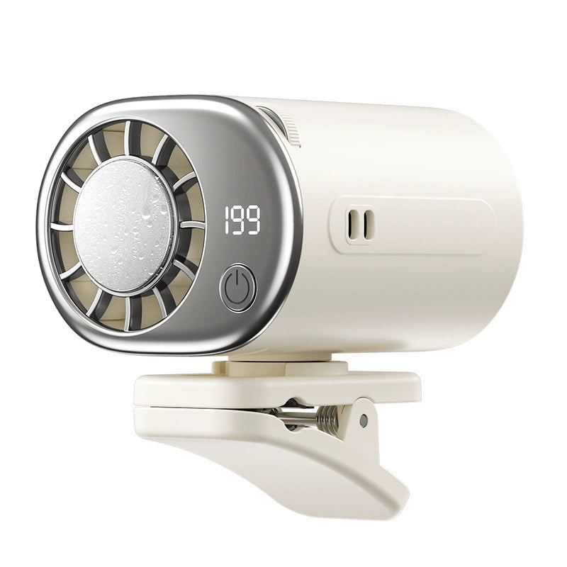 Ventilador portátil con clip, enfriamiento por semiconductor y pantalla LED — para auto, escritorio y viajes.