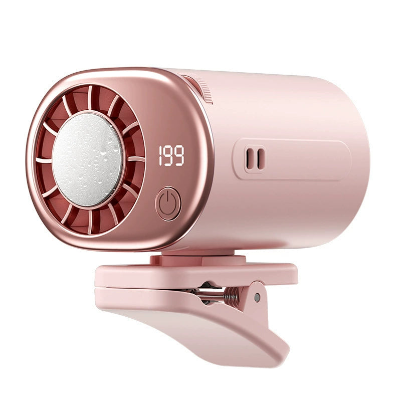 Ventilador portátil con clip, enfriamiento por semiconductor y pantalla LED — para auto, escritorio y viajes.