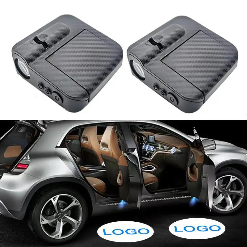 Luz de Bienvenida para Puerta de Auto, Proyector de Logotipo, 2 pzas, Diseño de Fibra de Carbono Inalámbrico, Sensor Infrarrojo